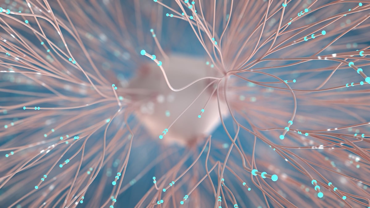 A brain neuron network with neural signals along interconnected pathways