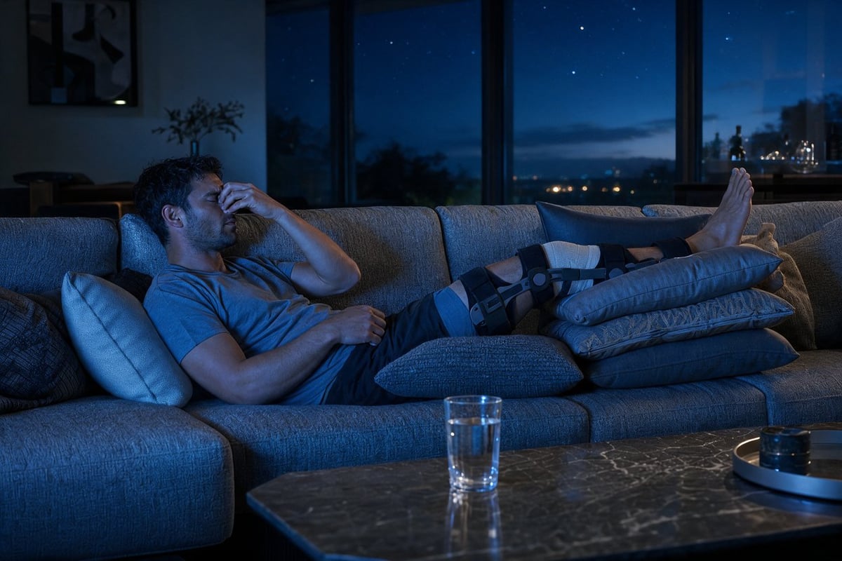 Man resting on a couch at night with a leg brace and a glass of water on the table, city lights visible through large windows