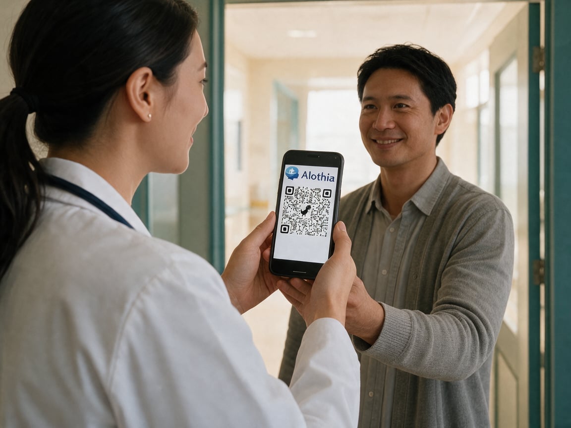 Man holding a smartphone displaying a QR code toward a woman in a healthcare uniform in a bright clinic hallway