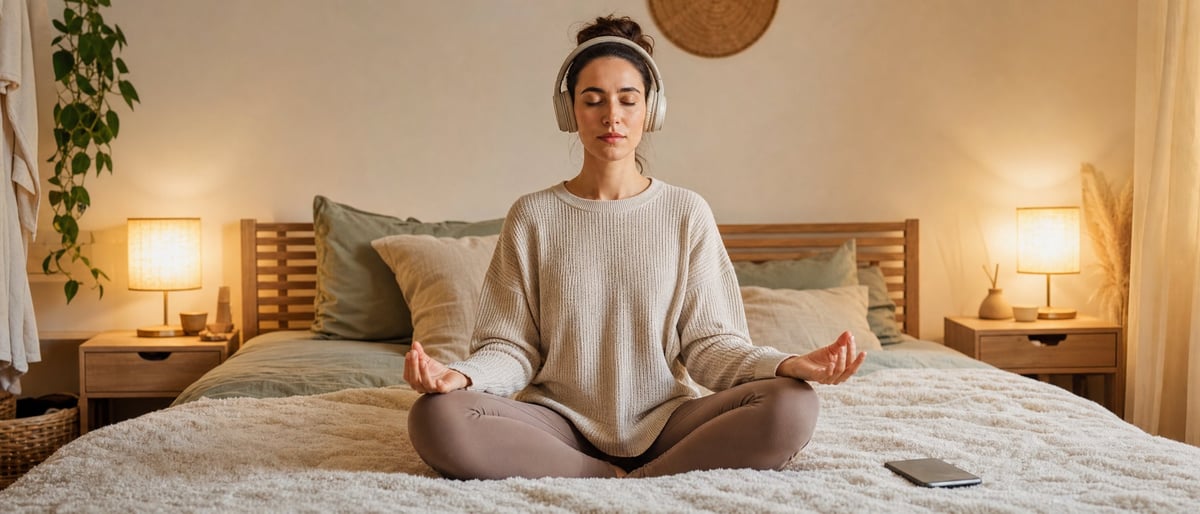 Woman meditating on a bed in lotus position wearing a beige sweater, headphones on, in a calm, warmly-lit bedroom with her phone beside her
